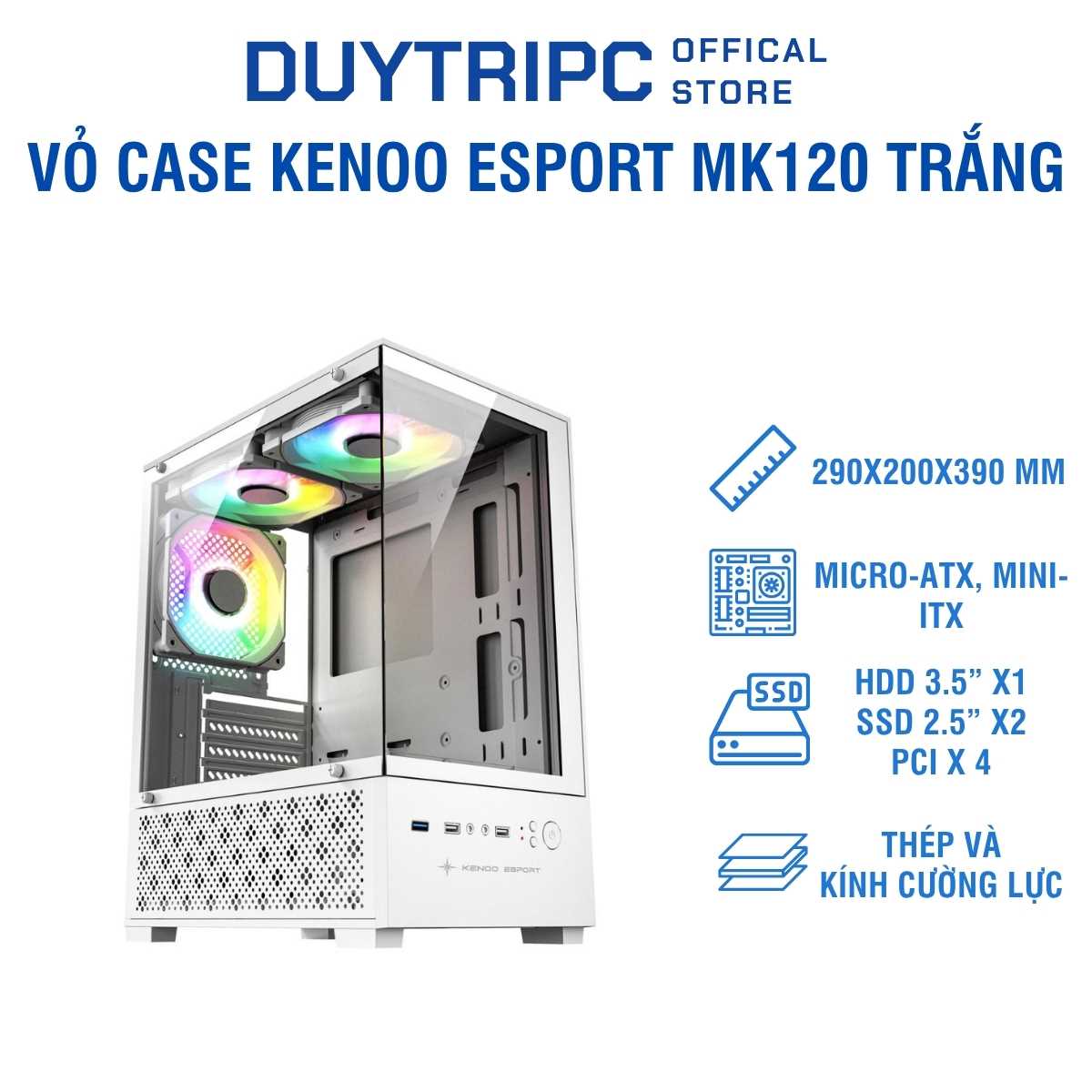 Vỏ Case KENOO ESPORT MK120 Trắng – Thiết Kế Gaming Tinh Tế, Kính Cường Lực, Giá Tốt